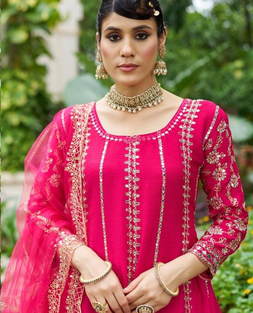 PINK - Rani Chinon Readymade Salwar Suit with Embroidered and Mirror Work